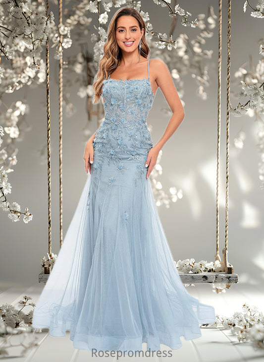 Noemi Trumpet/Mermaid Straight Sweep Train Tulle Prom Dresses With Flower DSP0025866