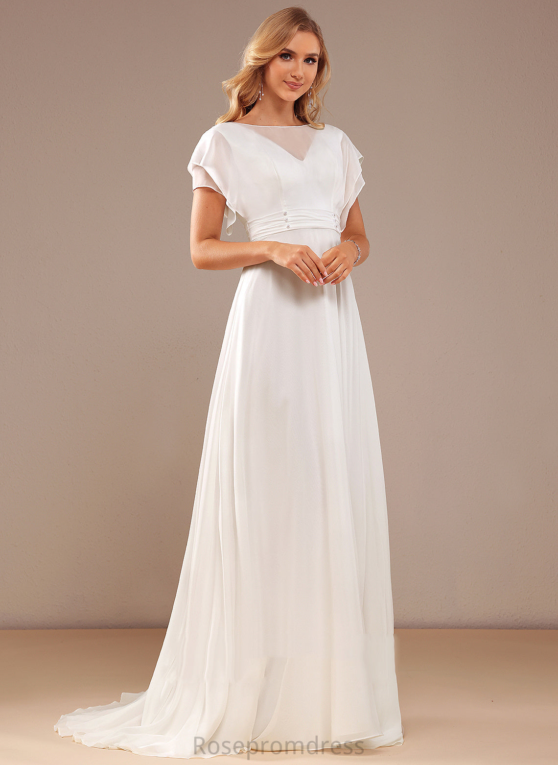 Neck Scoop Beading A-Line Aliya With Wedding Sweep Dress Train Chiffon Wedding Dresses