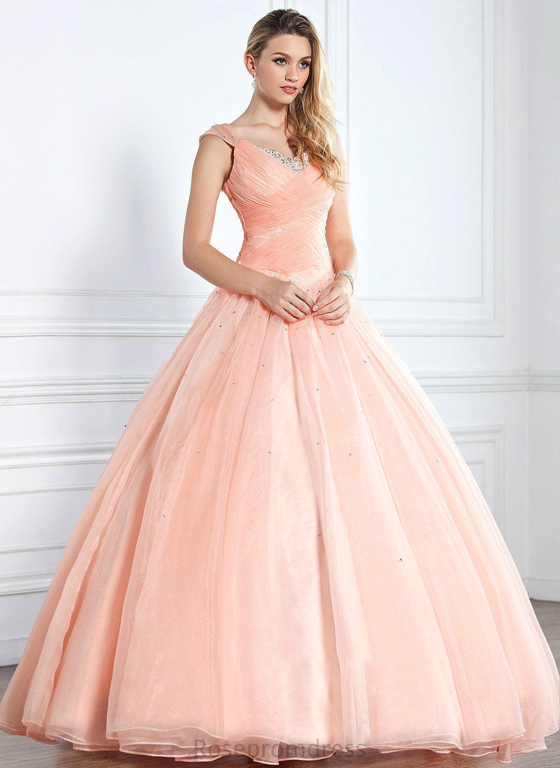 Floor-Length V-neck Josie Organza Ruffle Beading Ball-Gown/Princess With Prom Dresses Sequins