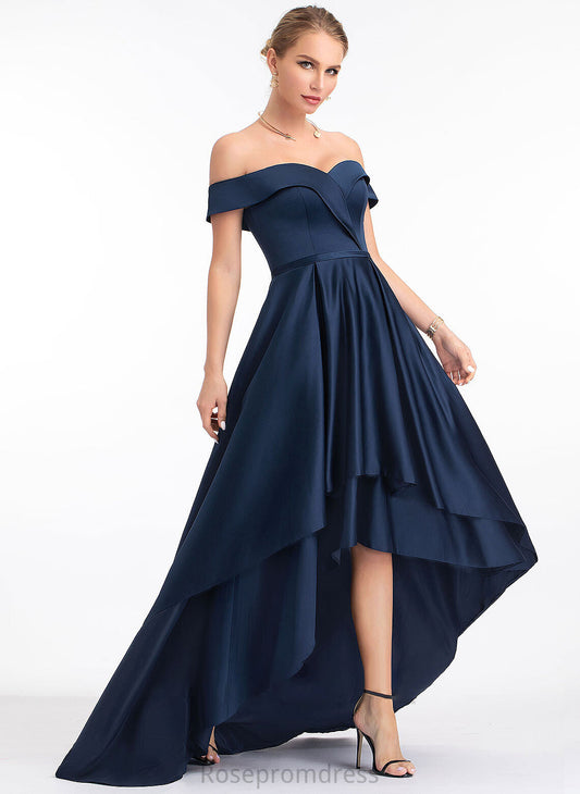 Ball-Gown/Princess Asymmetrical Liliana Satin Off-the-Shoulder Prom Dresses