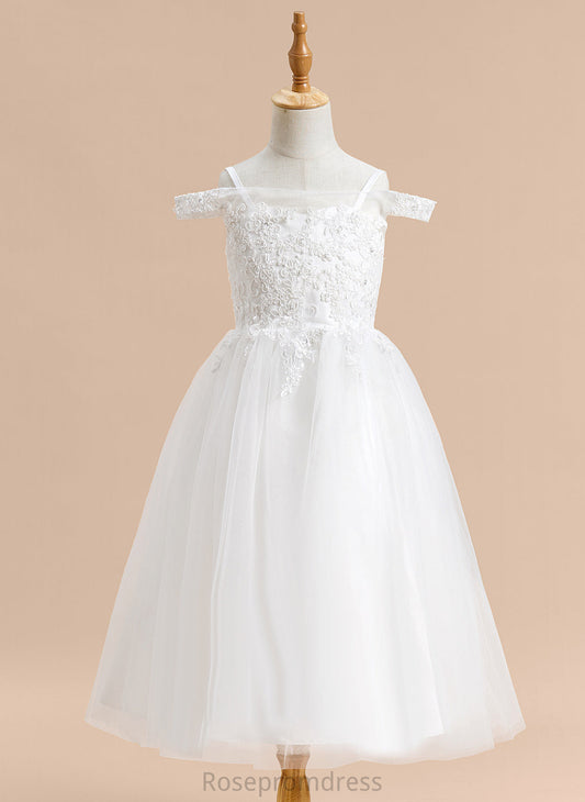 Flower Off-the-Shoulder Lace A-Line Flower Girl Dresses Tulle Girl Dress - With Tea-length Sleeveless Caitlin