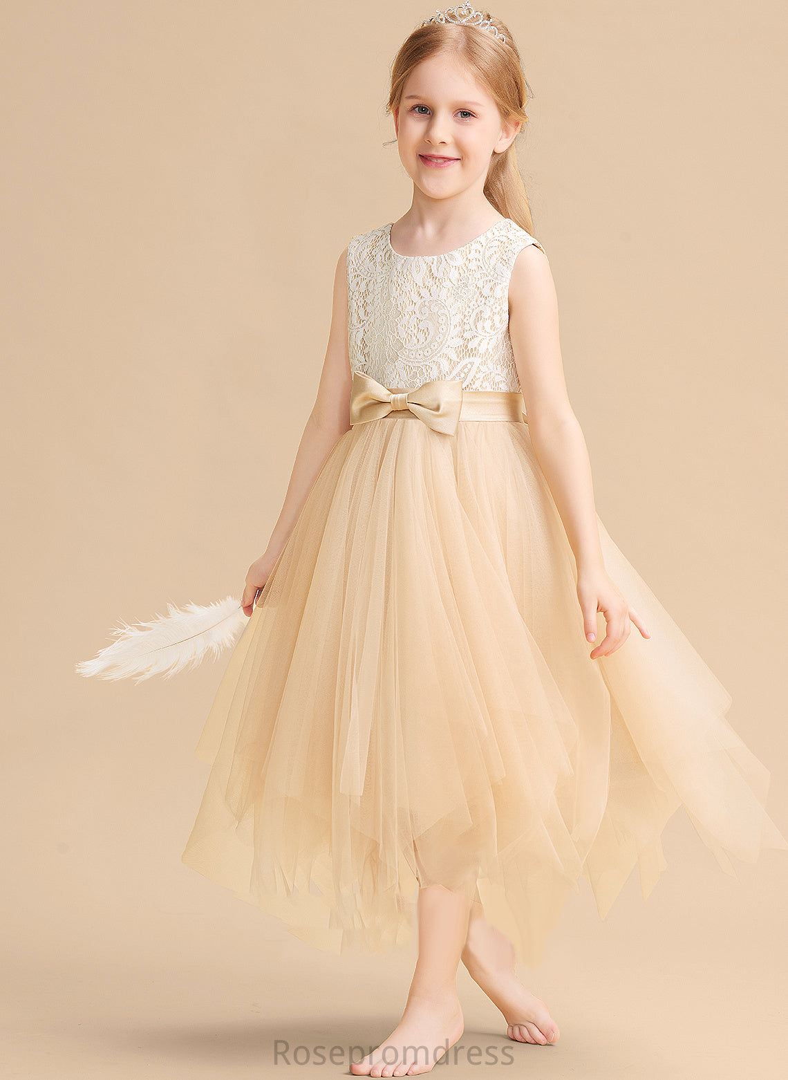 Lilia Flower Girl Dresses With Lace/Bow(s) Neck Tulle Flower Dress - Tea-length A-Line Girl Sleeveless Scalloped