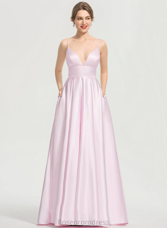 Alayna Satin A-Line Floor-Length Prom Dresses V-neck