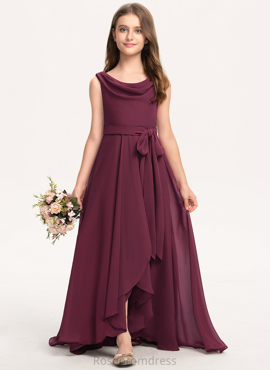 Neck Cowl Asymmetrical Chiffon Azaria Bow(s) A-Line With Junior Bridesmaid Dresses