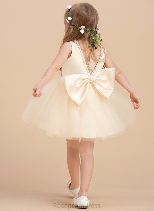 Sleeveless Dress Satin/Tulle A-Line Beading Girl Athena Neck Scoop With Flower Flower Girl Dresses Knee-length