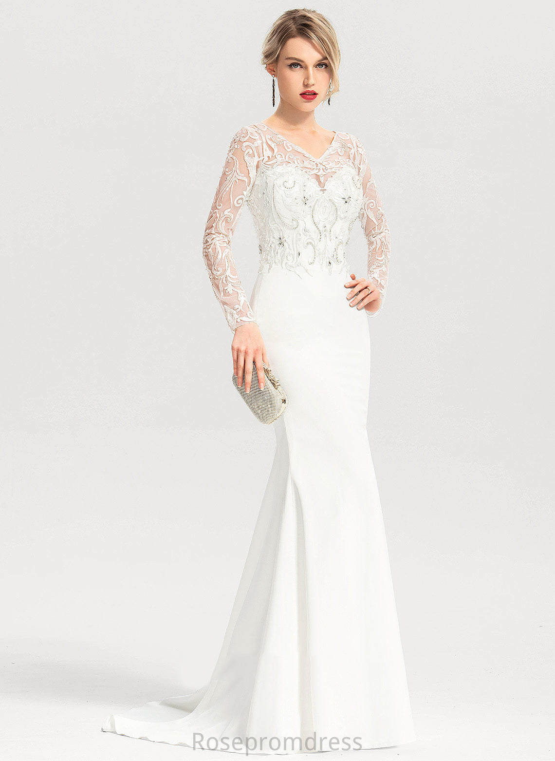 Sweep Train Stretch Trumpet/Mermaid V-neck Crepe Raelynn Wedding Dresses Wedding Lace Sequins Beading With Dress