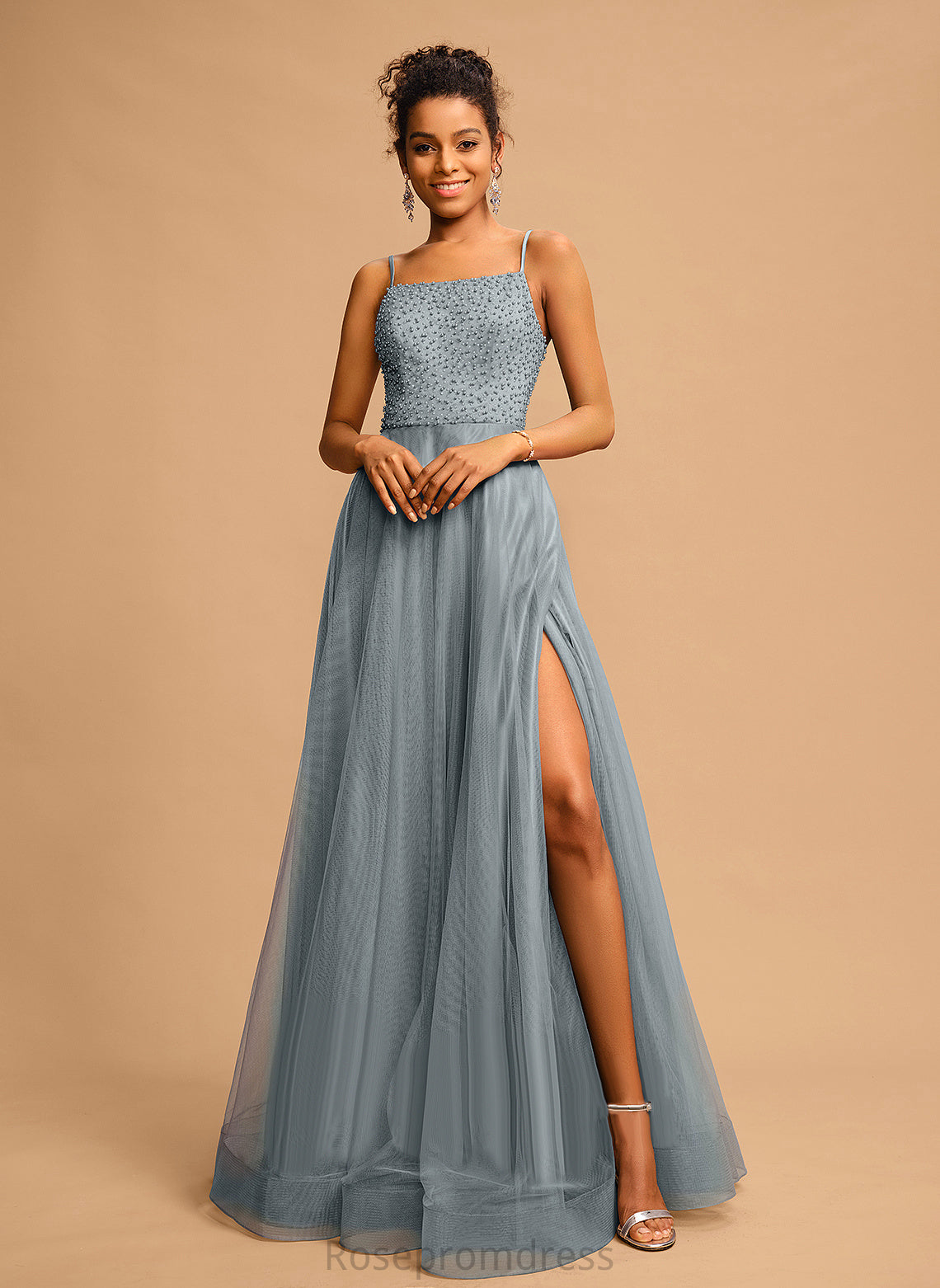 Ball-Gown/Princess Prom Dresses Square With Beading Barbara Tulle Sequins Floor-Length