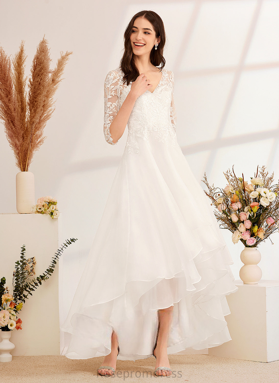 Lizeth Lace Dress Wedding Dresses Sequins Asymmetrical With Beading Tulle Wedding V-neck A-Line