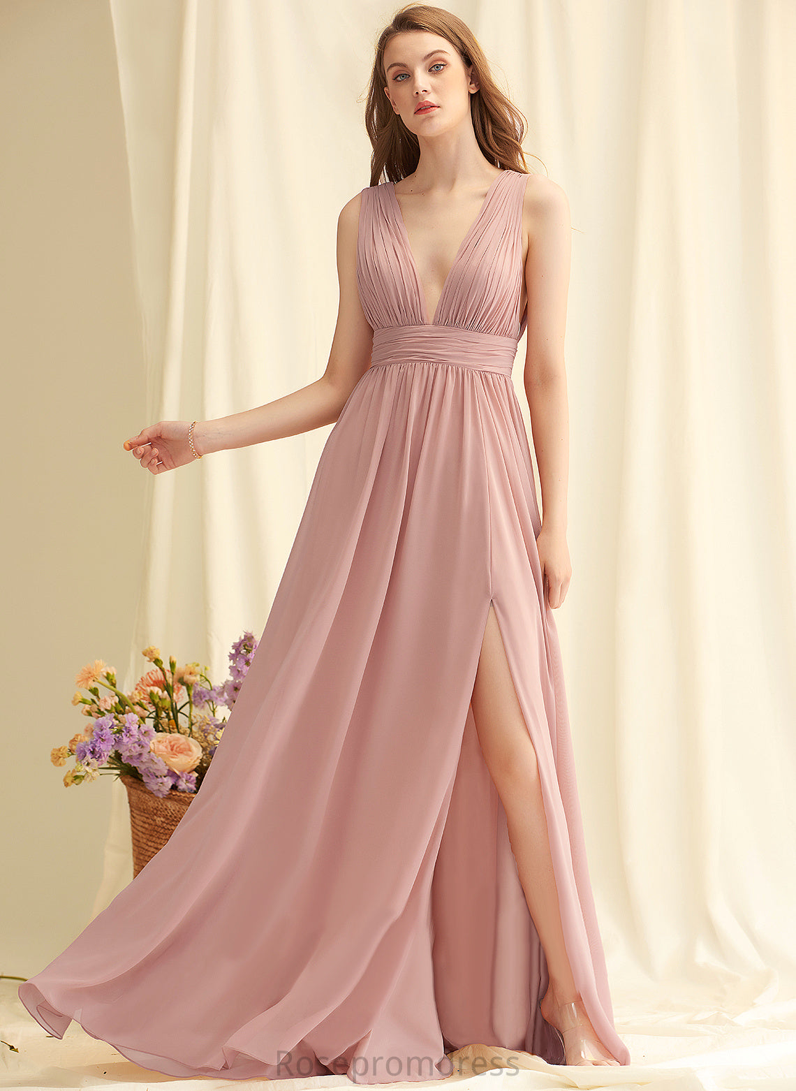 Fabric Neckline Silhouette V-neck Embellishment A-Line Floor-Length Length Pleated Damaris Sleeveless Floor Length Bridesmaid Dresses