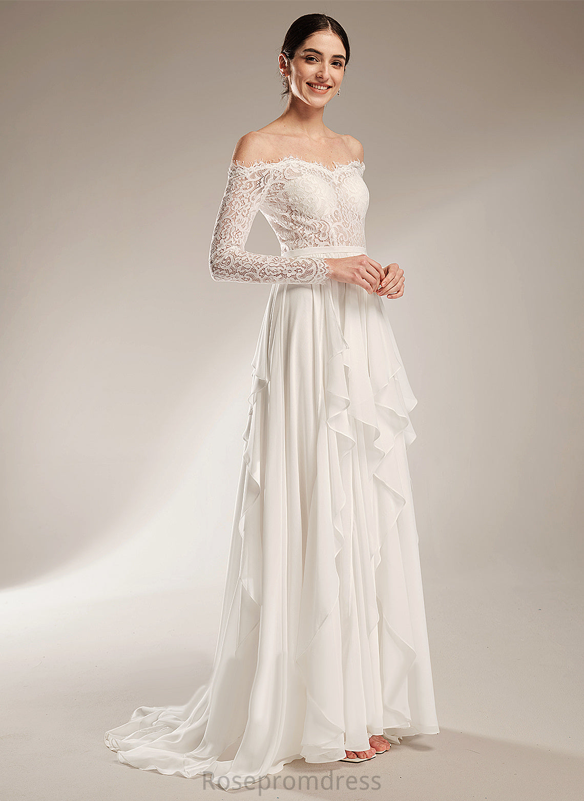 Court Train With Wedding Dress Tara Lace Ruffle Wedding Dresses Chiffon A-Line Off-the-Shoulder