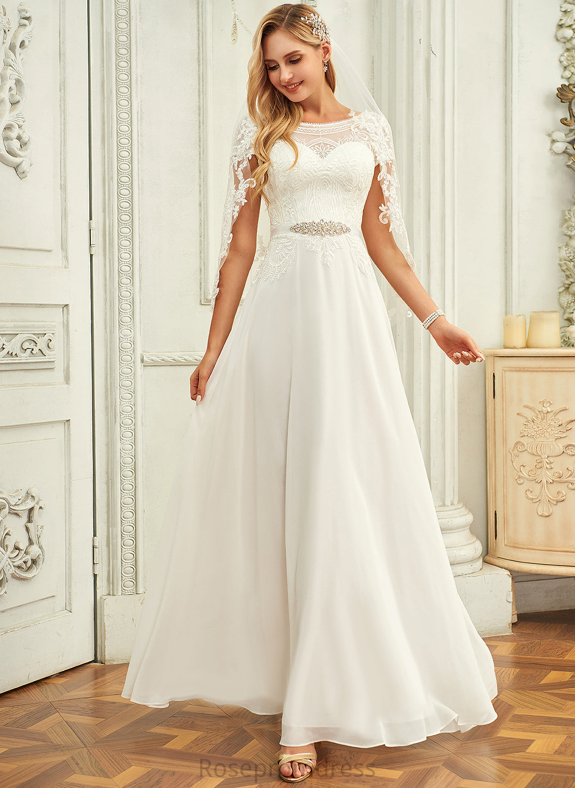 With Dress Sequins Wedding Dresses Lace Wedding Nevaeh Chiffon Floor-Length Scoop Neck