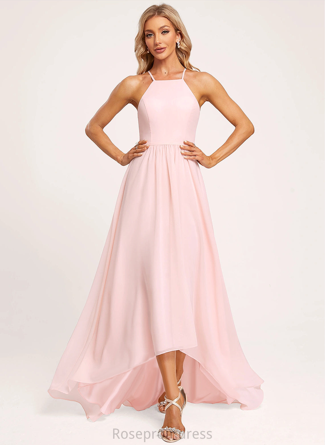 Neckline Length Straps&Sleeves Silhouette Fabric A-line Halter Asymmetrical Aniyah Scoop A-Line/Princess Natural Waist Bridesmaid Dresses