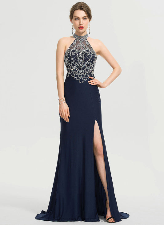 Prom Dresses Train Front Sweep Neck Adrianna Split Scoop Beading Sheath/Column Jersey With Sequins