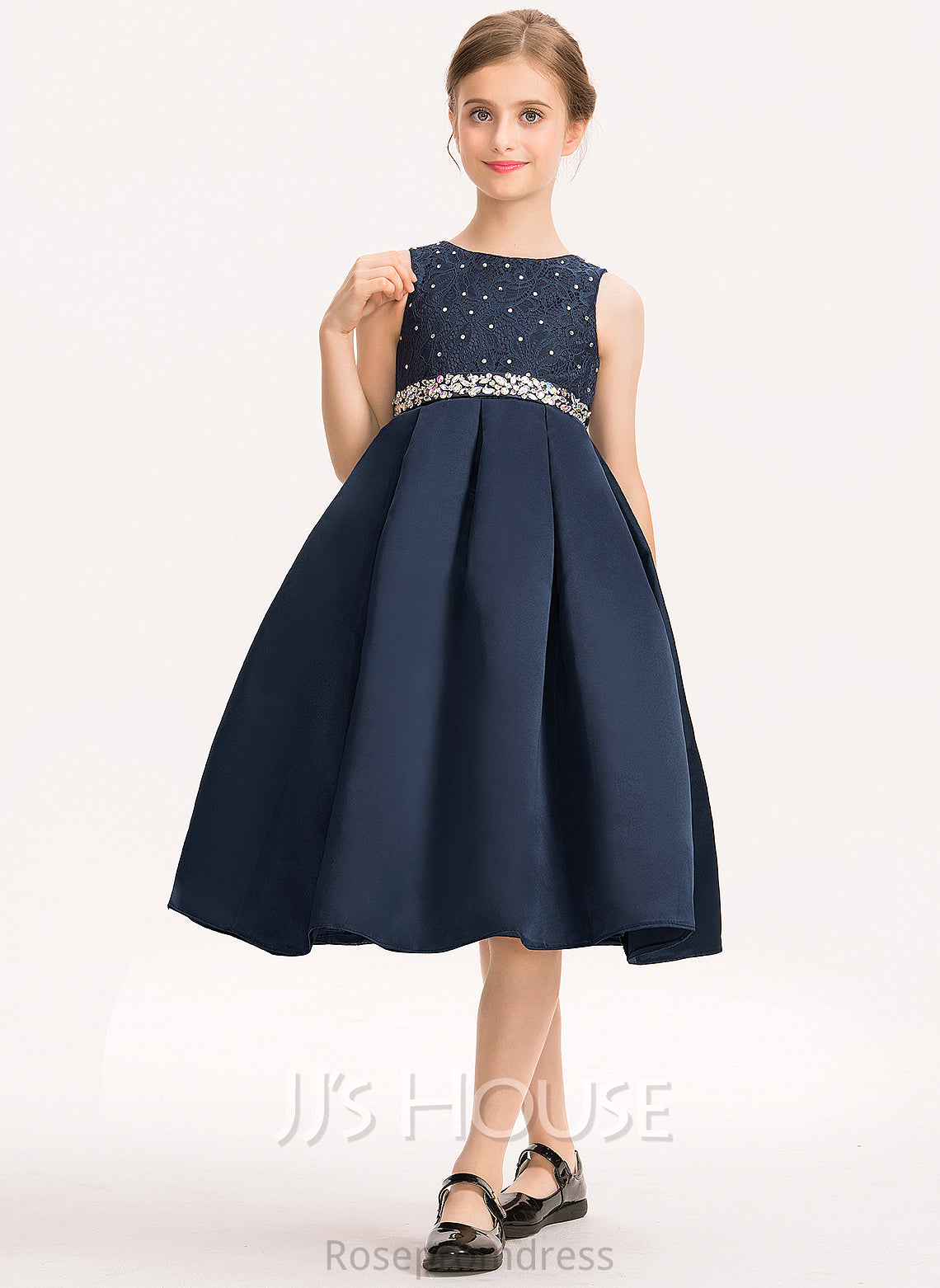 Scoop Knee-Length Isabella With A-Line Lace Bow(s) Satin Beading Neck Junior Bridesmaid Dresses