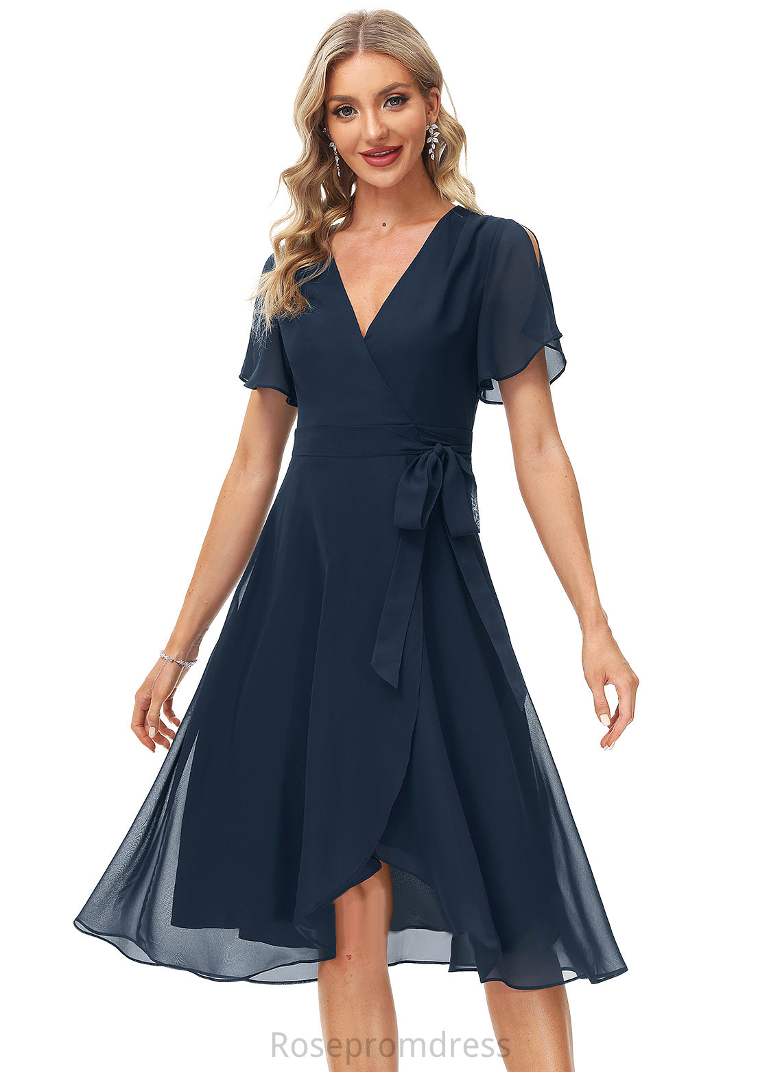 Sash With Knee-Length Cocktail Dresses Cocktail Chiffon V-neck Jamiya Dress A-Line