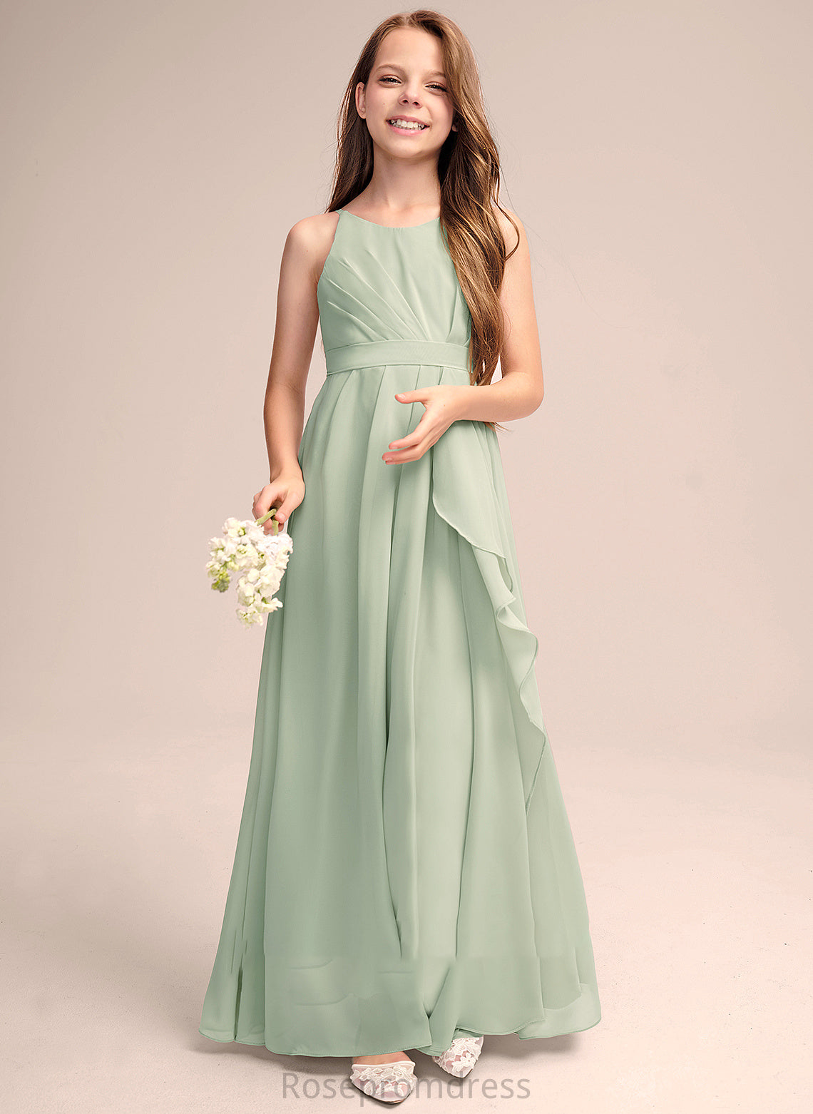 A-Line Floor-Length With Neck Chiffon Junior Bridesmaid Dresses Jacquelyn Ruffles Scoop Cascading