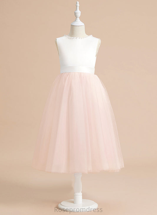 Satin/Tulle Neck Scoop Girl - A-Line With Tea-length Emerson Beading/Bow(s) Dress Flower Sleeveless Flower Girl Dresses