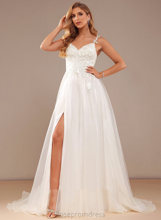 With Lace Ball-Gown/Princess Wedding Court Train Split Dress V-neck Organza Wedding Dresses Lace Front Amy