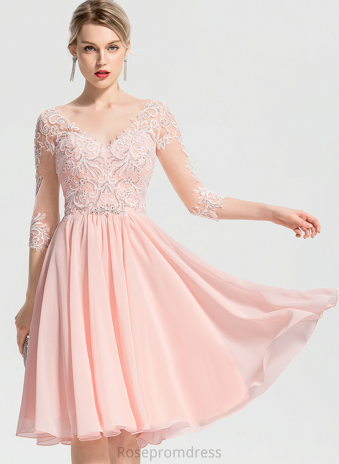 Knee-Length Cocktail Dresses V-neck Jaiden Chiffon Dress A-Line With Lace Cocktail Beading