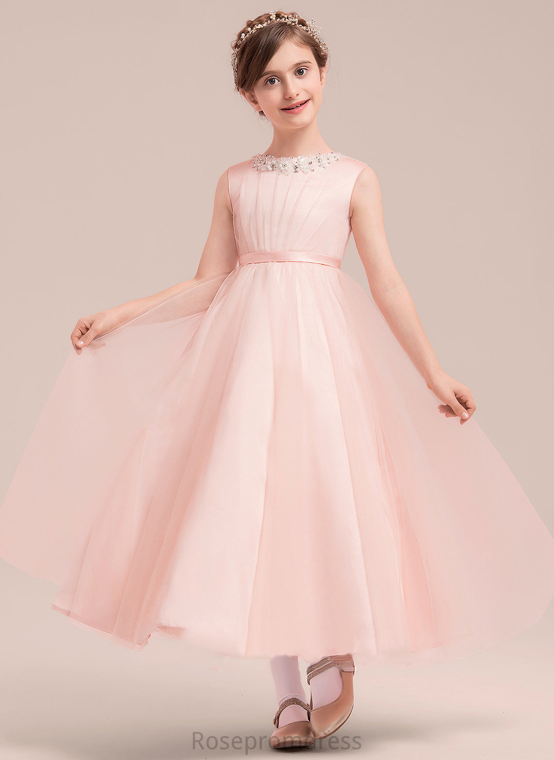 Iris - Sleeveless Ankle-length Beading/Bow(s) A-Line/Princess Scoop Neck Girl Flower Girl Dresses With Flower Satin/Tulle Dress