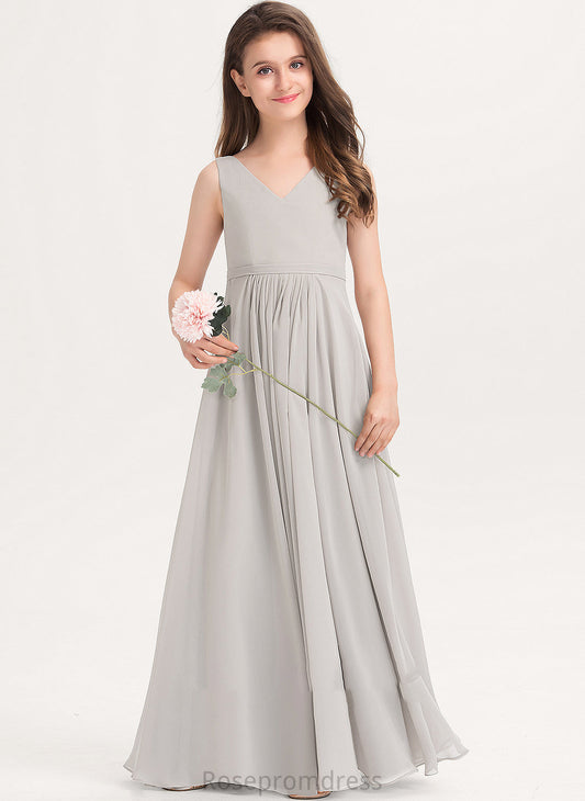 Floor-Length V-neck Roselyn Chiffon Pockets With A-Line Junior Bridesmaid Dresses