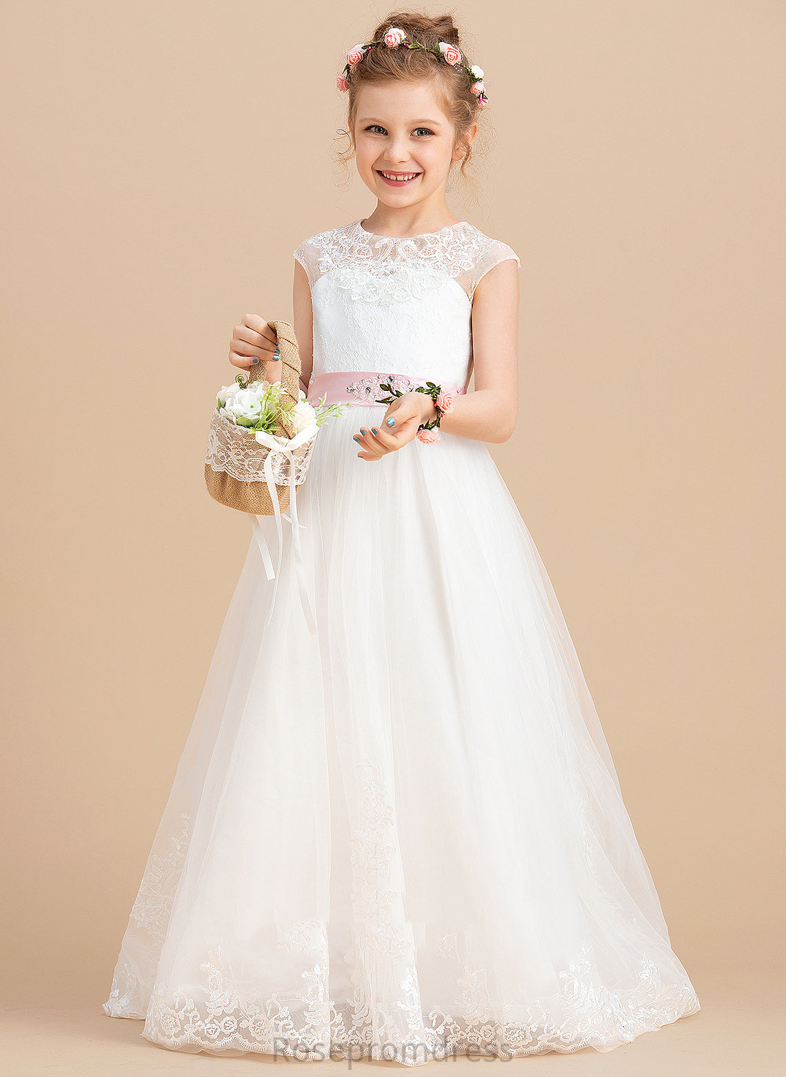 Flower - Dress Neck Justice Girl Ball-Gown/Princess NOT Scoop Sash/Beading/Appliques/Bow(s) Flower Girl Dresses With Tulle/Lace included) Floor-length Sleeveless (Petticoat