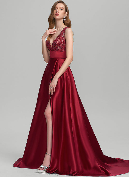 Satin Lace V-neck With Sweep Prom Dresses Ball-Gown/Princess Train Sequins Logan