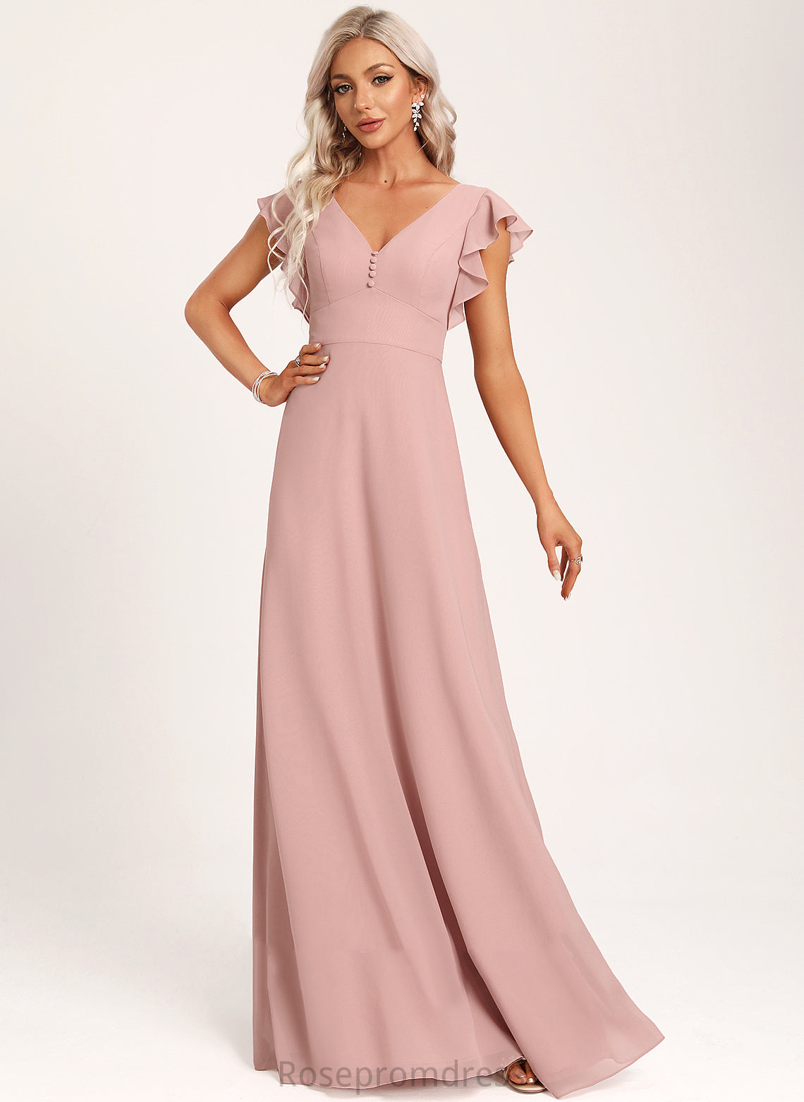 Fabric Floor-Length Length Silhouette Embellishment A-Line V-neck Ruffle Neckline Ivy Bridesmaid Dresses