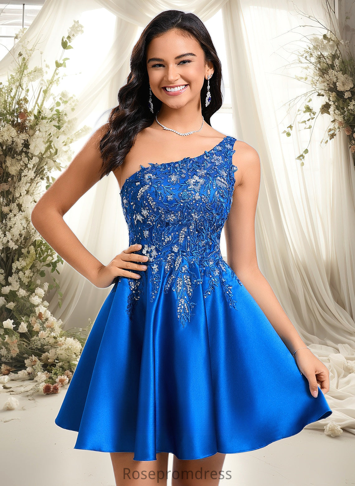 Riya A-line One Shoulder Short Satin Homecoming Dress With Appliques Lace Sequins DSP0025657