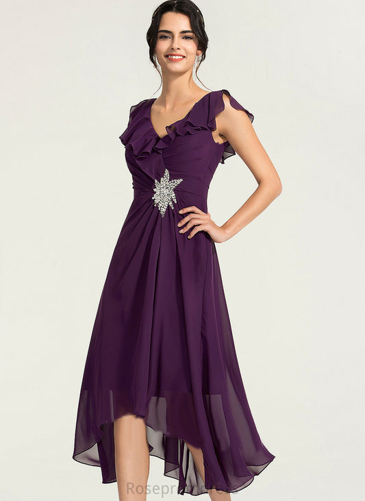 Chiffon Dress A-Line With Asymmetrical Callie V-neck Beading Cocktail Cocktail Dresses