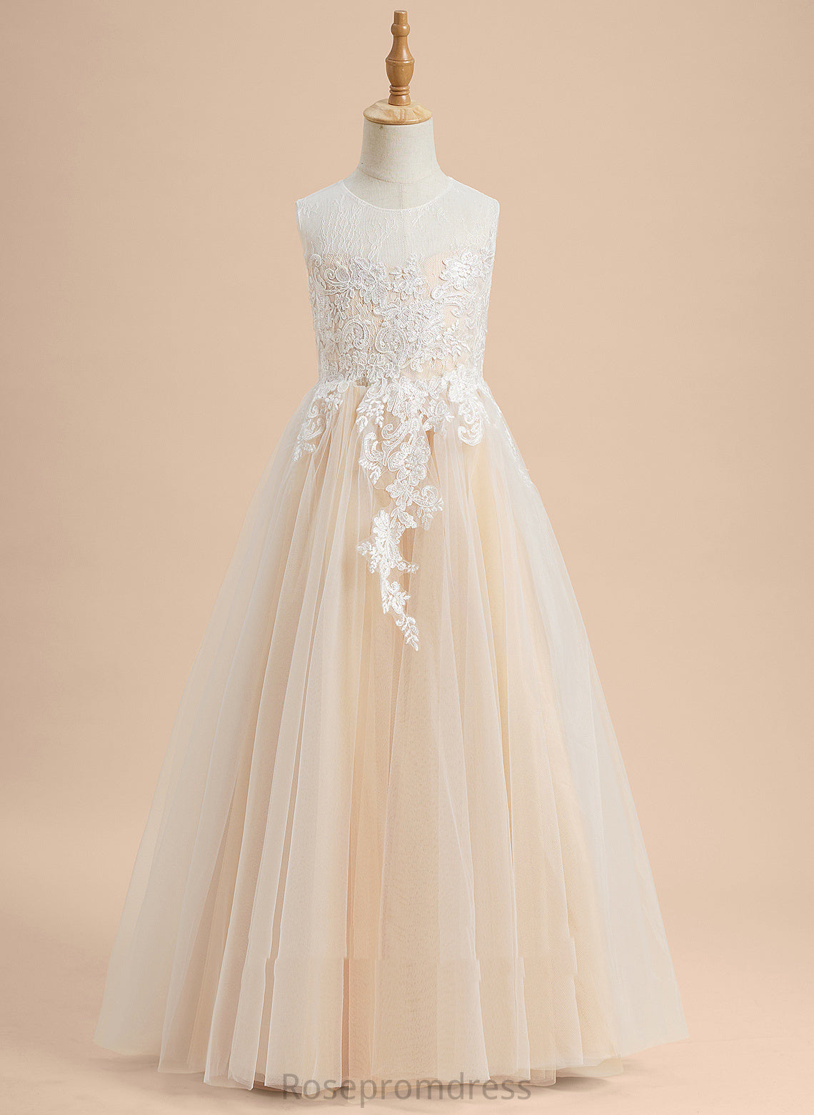 Girl Neck Tiara A-Line Flower Scoop Sleeveless Lace/Beading Tulle Floor-length Dress - With Flower Girl Dresses