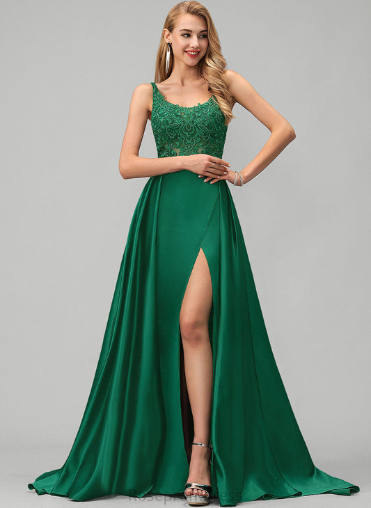 A-Line Prom Dresses Sweep With Emily Satin Sequins Square Train