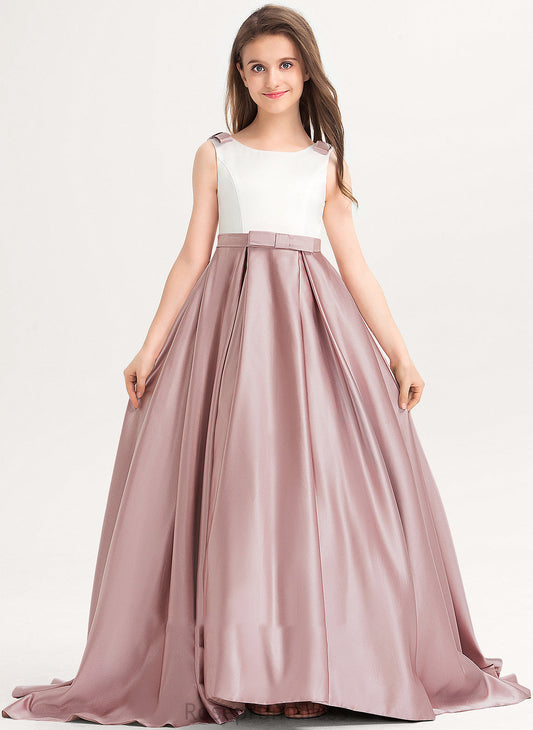 Kamryn Neck Bow(s) Sweep Ball-Gown/Princess Train Satin Junior Bridesmaid Dresses With Scoop Pockets