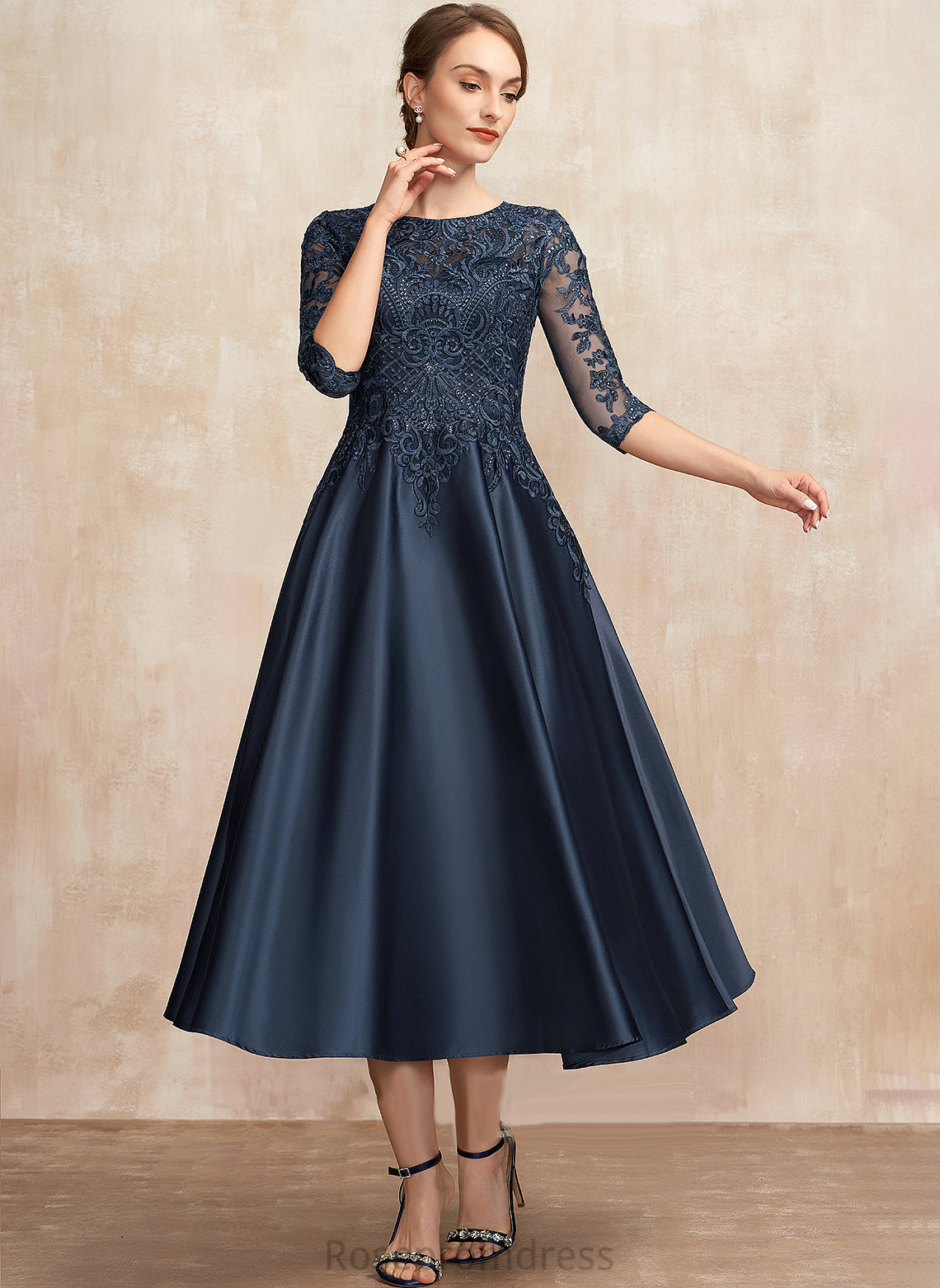 Tea-Length Mother Karina Dress Mother of the Bride Dresses With Sequins Lace Bride the A-Line of Satin Scoop Neck