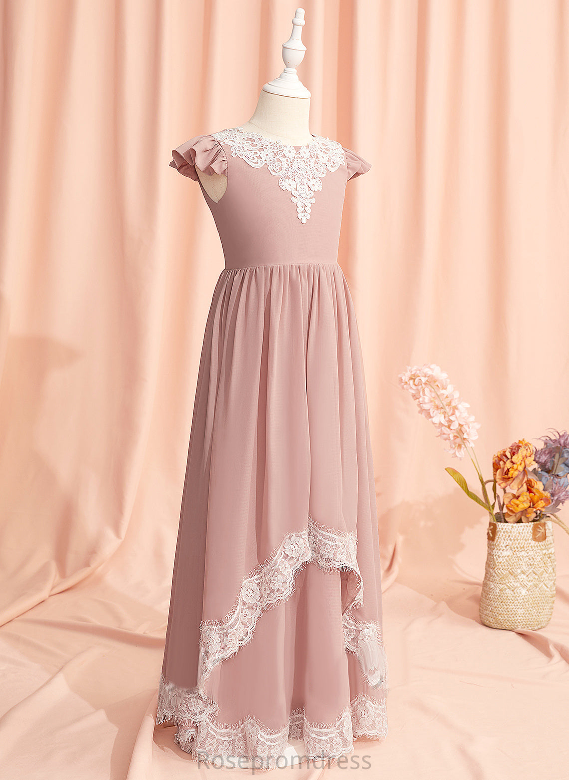 Dress Flower Sleeves Back Flower Girl Dresses Neck Chiffon/Lace Lace/V Girl Rhoda With Short Scoop - Floor-length A-Line