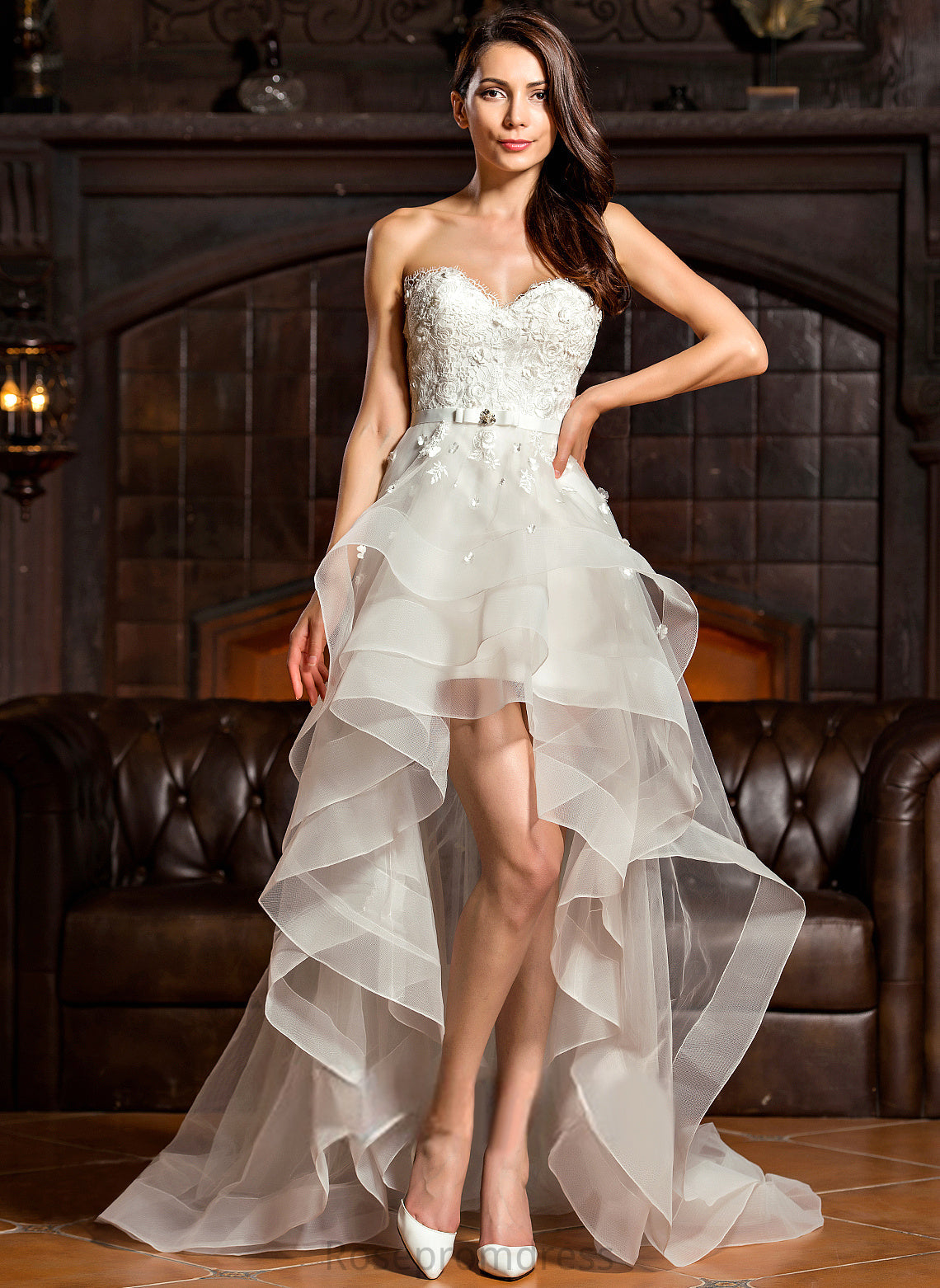 Sweetheart With A-Line Charmeuse Dress Lace Bow(s) Asymmetrical Sadie Beading Wedding Wedding Dresses Tulle