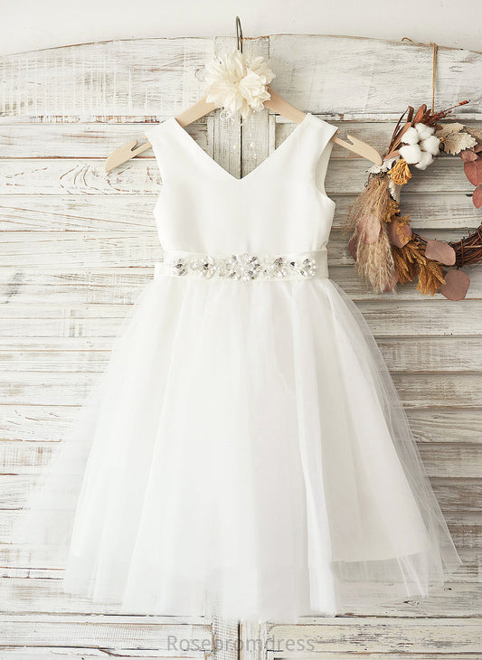 Satin/Tulle V-neck Flower Girl Flower Girl Dresses Dress - With Sleeveless Bow(s) Karlee Knee-length A-Line