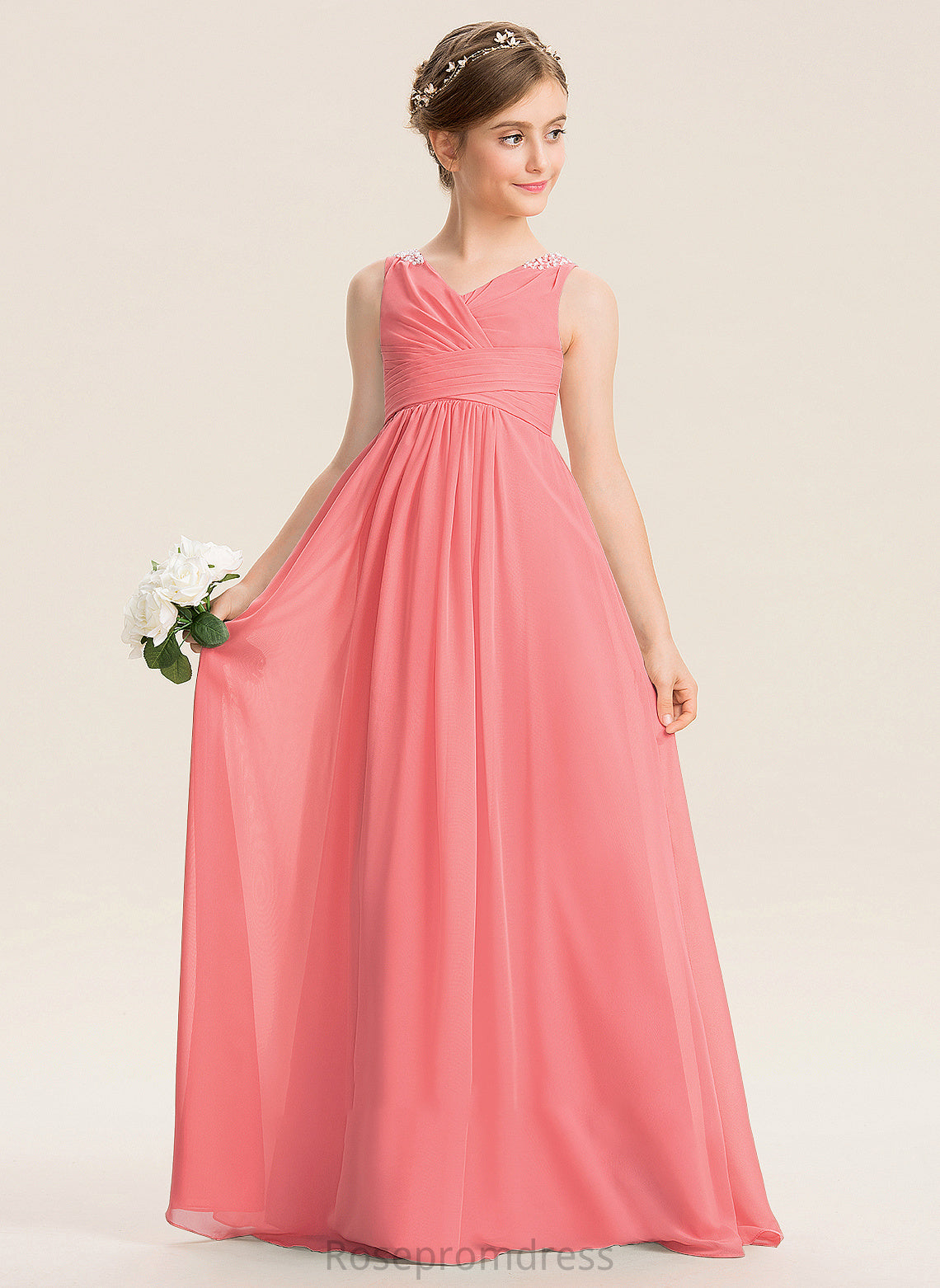 Junior Bridesmaid Dresses Penny EmpireV-neckFloor-LengthChiffonJuniorBridesmaidDressWithRuffleBeadingSequins#173291