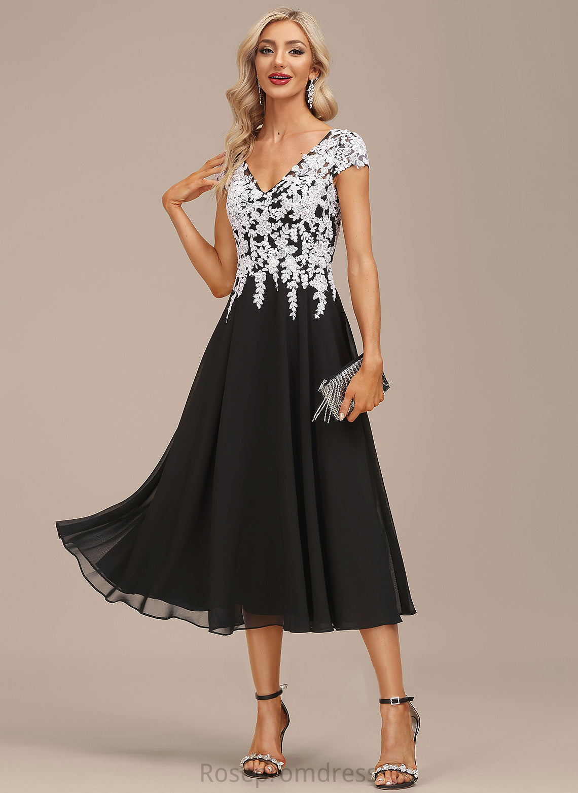 Dress Cocktail Dresses Tea-Length Chiffon A-Line V-neck Cocktail Susanna Lace