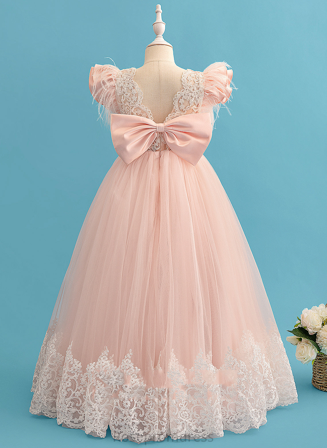 Ball-Gown/Princess Floor-length Ruffles/Feather/Bow(s) - Ashleigh Flower Flower Girl Dresses Dress Neck Sleeves Scoop Girl Lace With Short