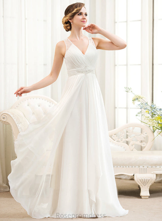 Cascading Perla Wedding Dresses Train Beading Chiffon V-neck Ruffles Sweep Tulle A-Line Wedding With Sequins Dress