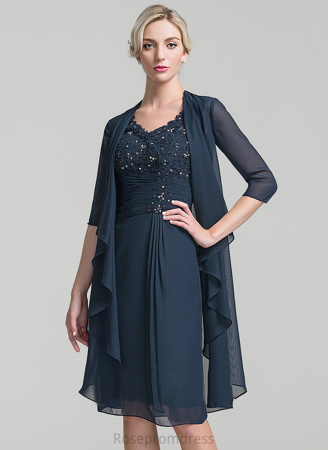 Bride Chiffon Sequins Mother of the Bride Dresses of V-neck Beading With Mother Dress the Donna Knee-Length Ruffle Sheath/Column