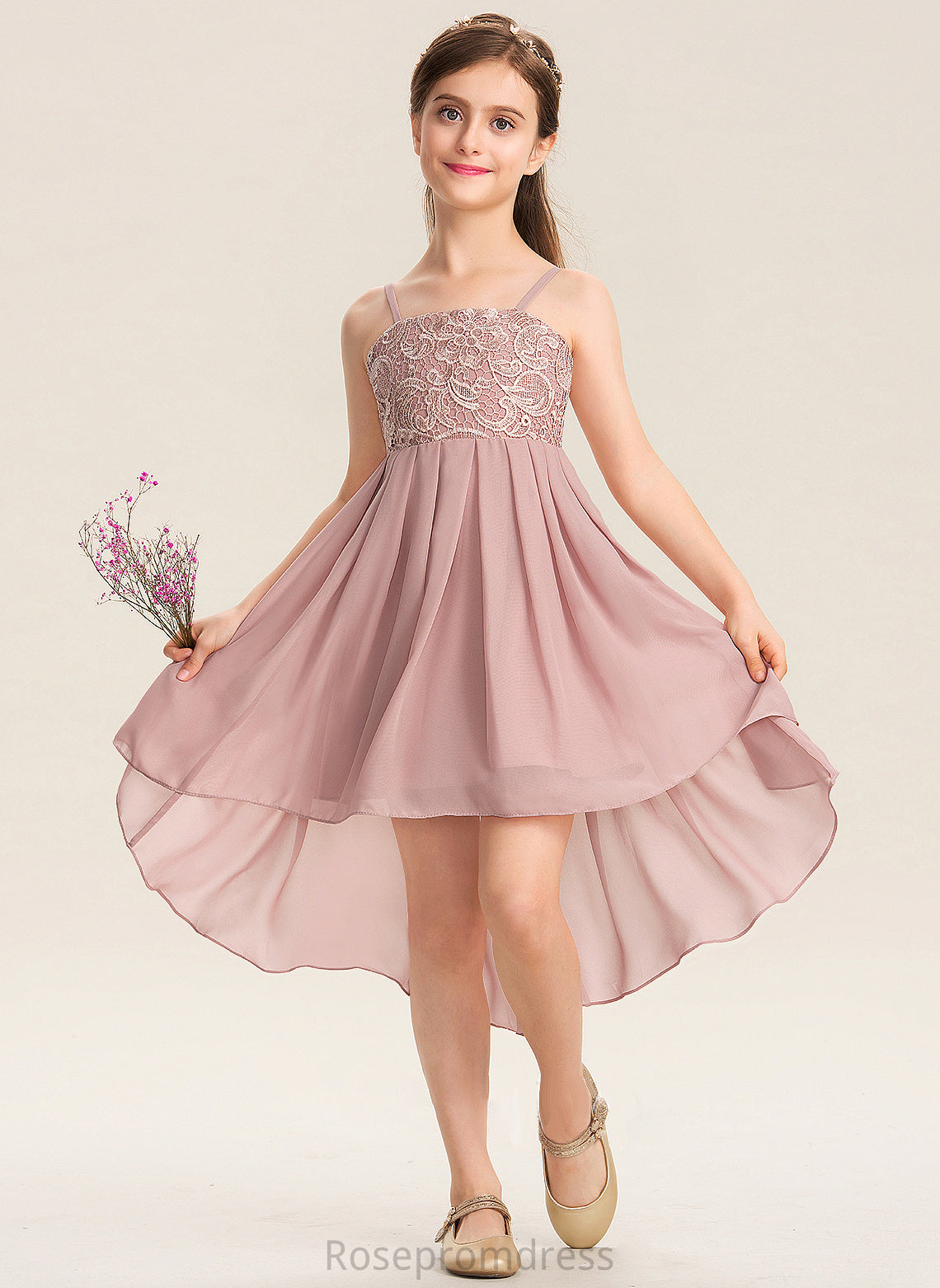 Lace Chiffon Neckline Journey Square Asymmetrical A-Line Junior Bridesmaid Dresses