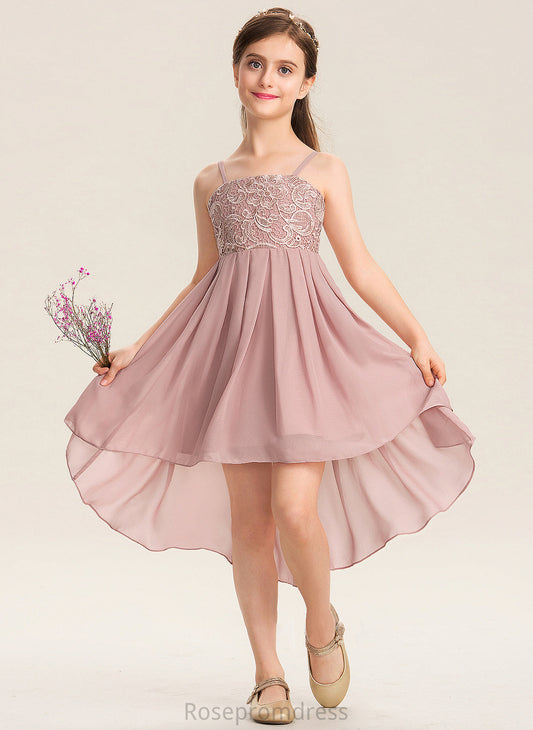 Lace Chiffon Neckline Journey Square Asymmetrical A-Line Junior Bridesmaid Dresses