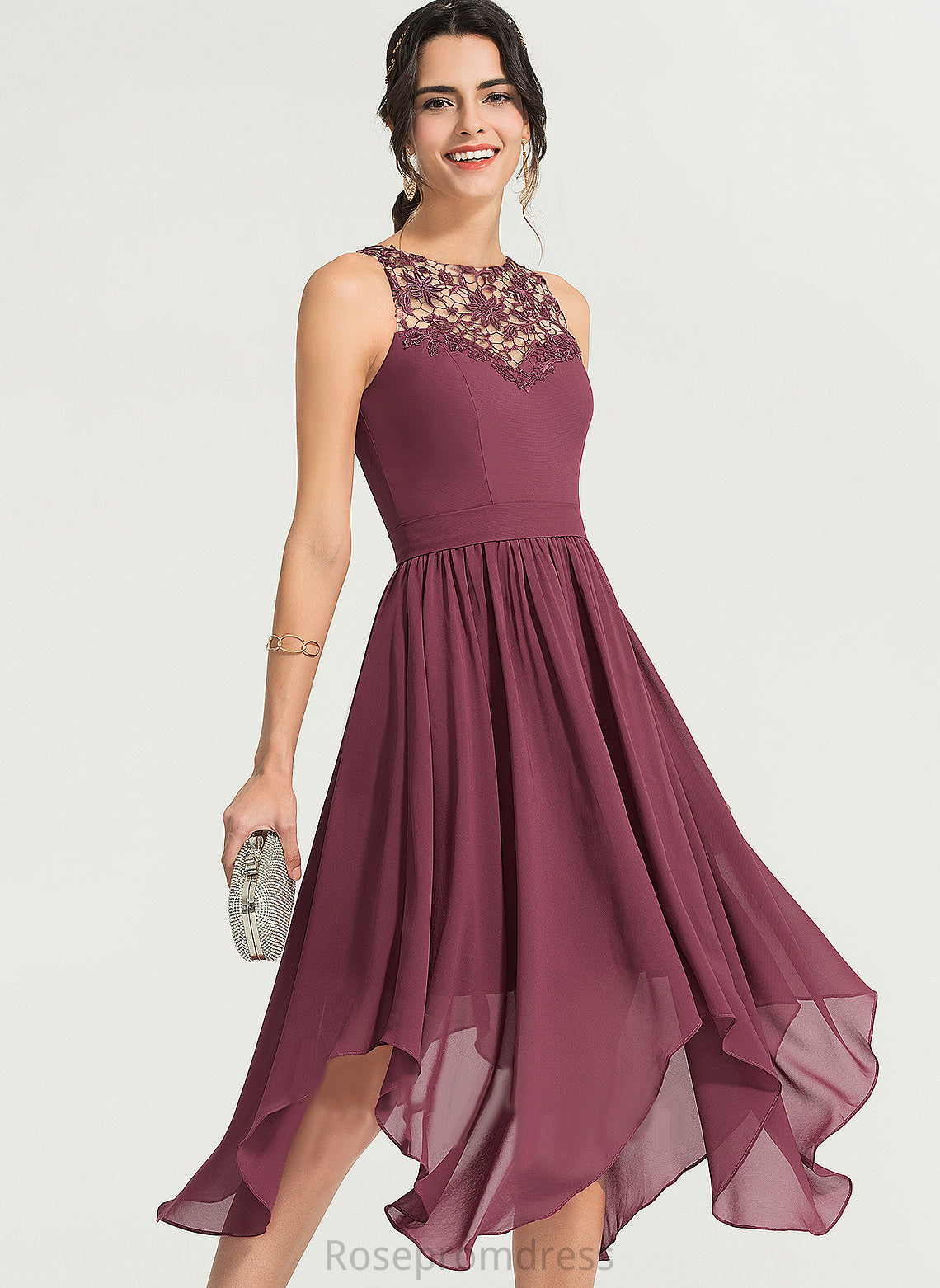 Scoop Asymmetrical A-Line Cocktail Dresses Chiffon Cocktail Dress Lace Rylee Neck