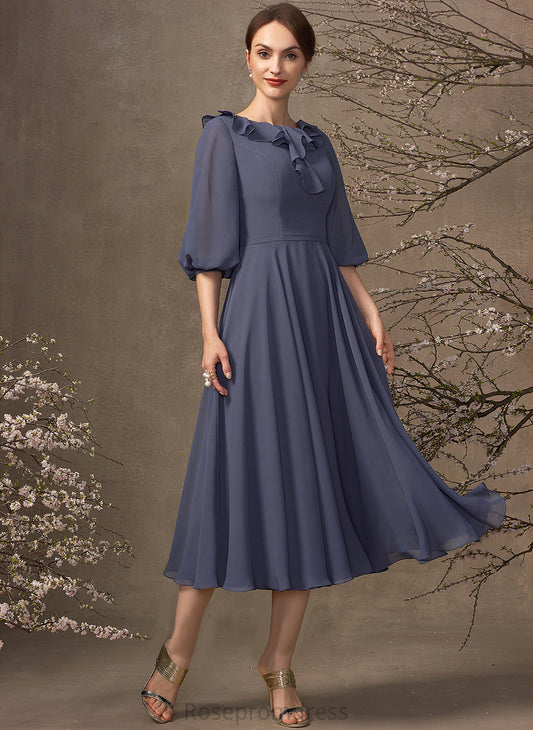 A-Line Ruffles Mother With Dress Tea-Length Mother of the Bride Dresses Cascading the Bride Yuliana Scoop Chiffon of Neck