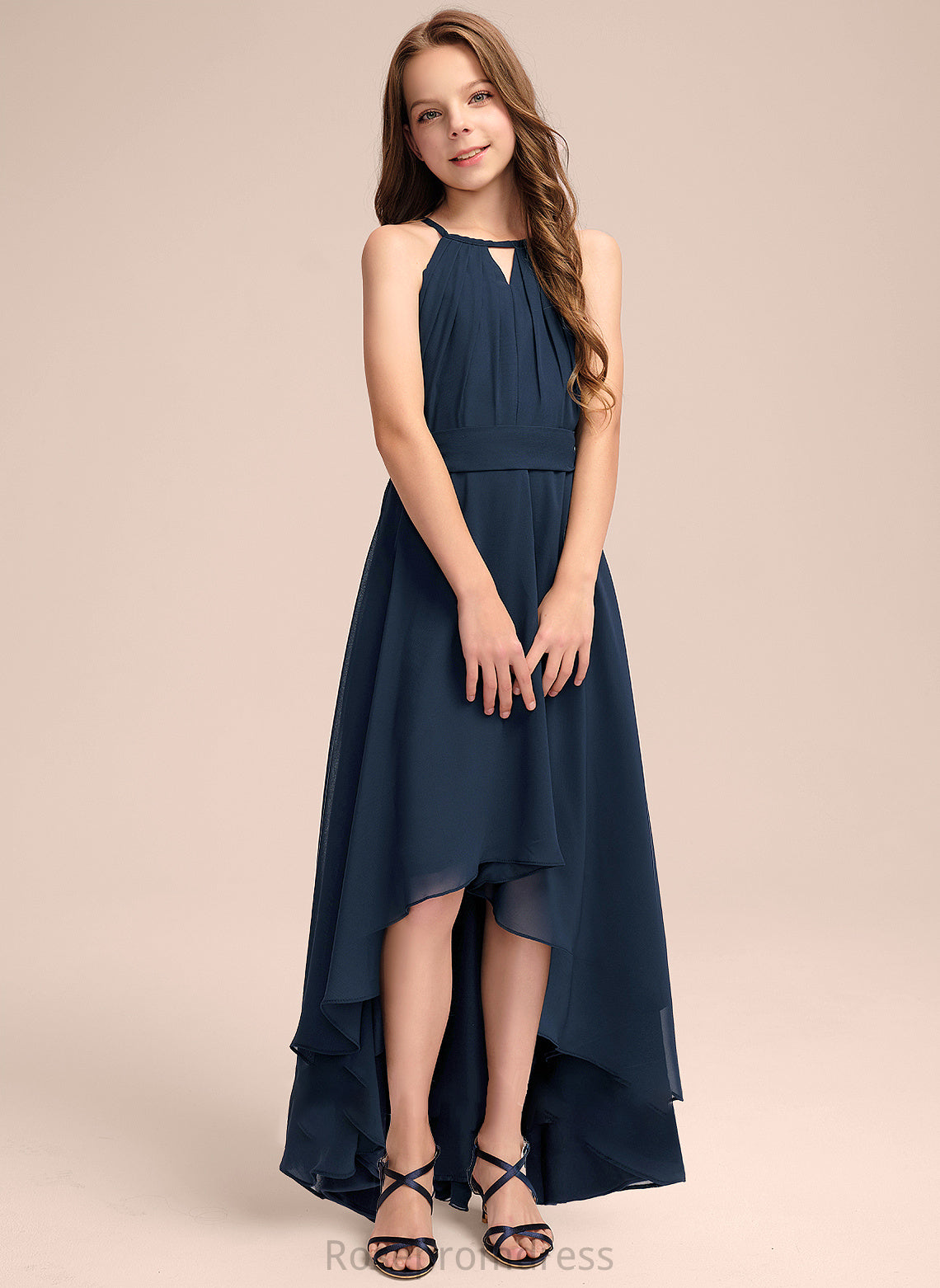 Junior Bridesmaid Dresses Adelaide Scoop Ruffles A-Line Chiffon Bow(s) Neck Asymmetrical With