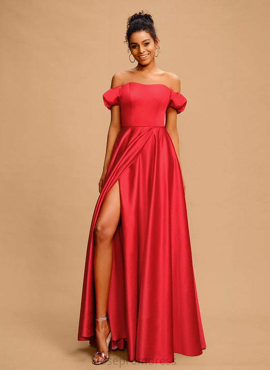 With Sweetheart Floor-Length Satin Ball-Gown/Princess Off-the-Shoulder Prom Dresses Bow(s) Kayden