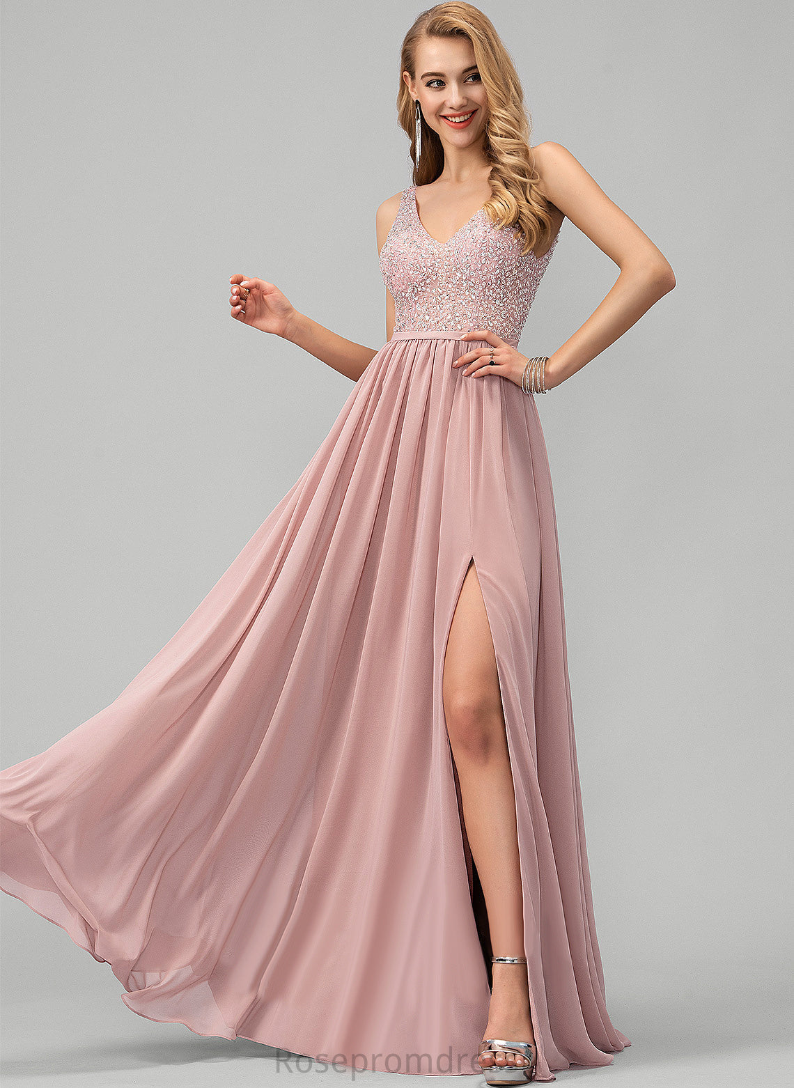 V-neck Floor-Length With Chiffon Beading Prom Dresses A-Line Cora Sequins