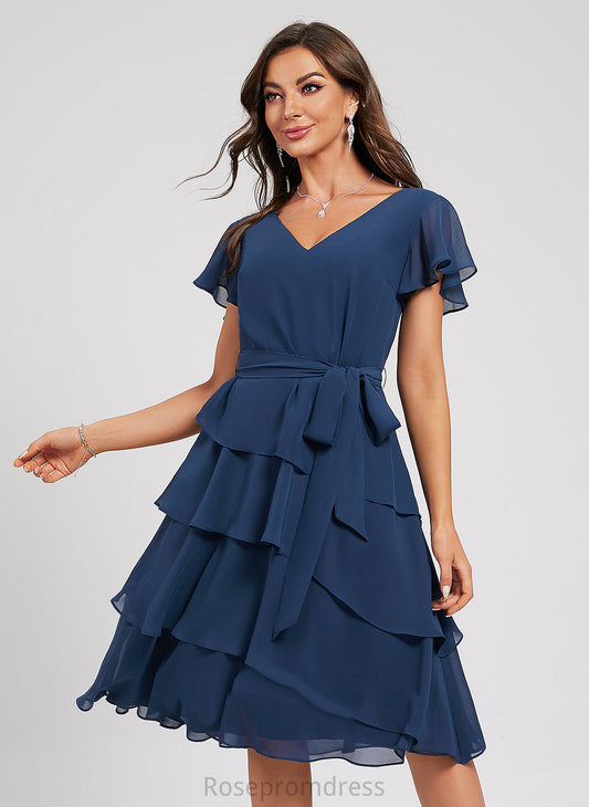 Ruffle Chiffon Dress Knee-Length Sash A-Line With V-neck Cocktail Chloe Cocktail Dresses